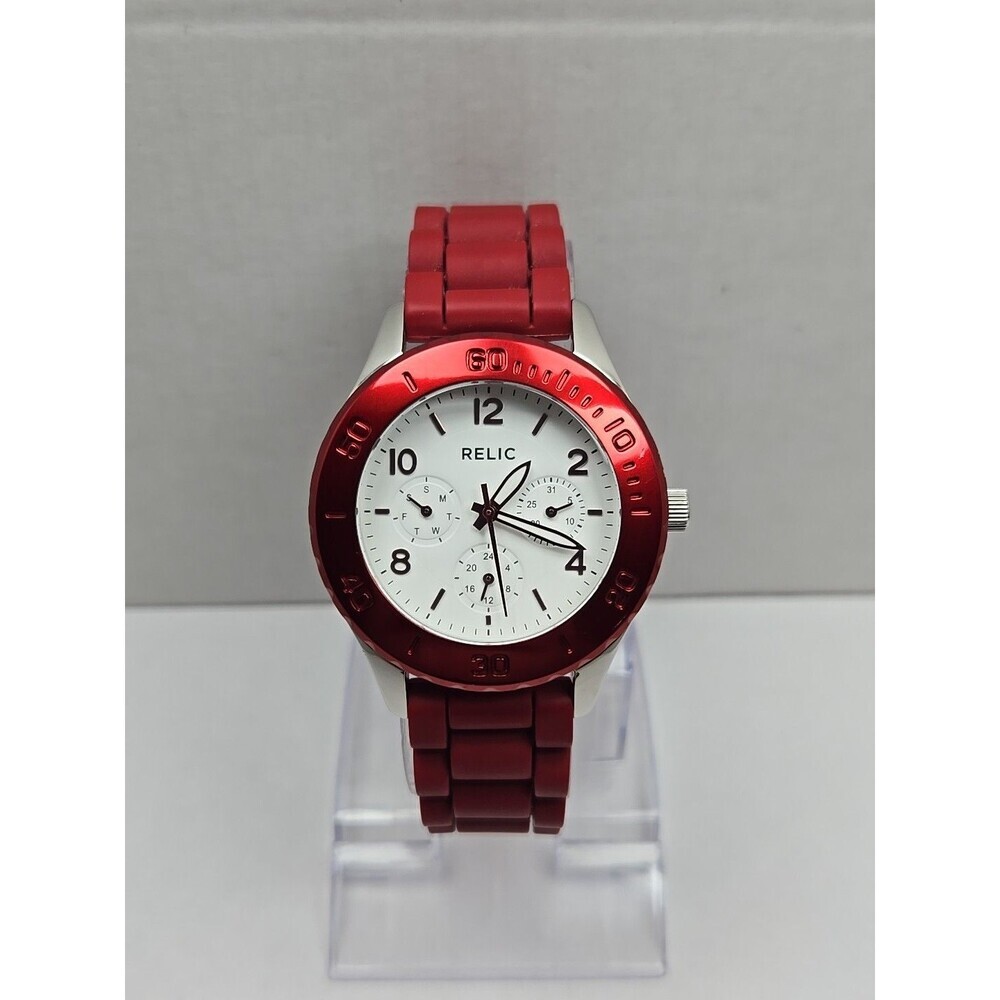 Relic by Fossil Red Bezel Multifunction Quartz Watch WR50M New Battery ZR15636
